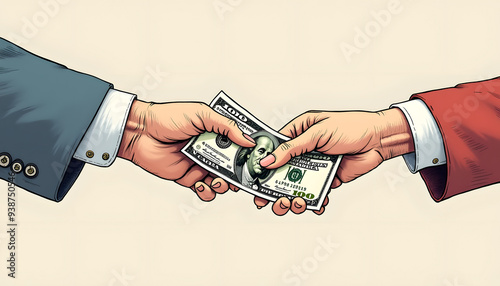 Detailed Illustration of Handing Over Cash Symbolising of Business Deal