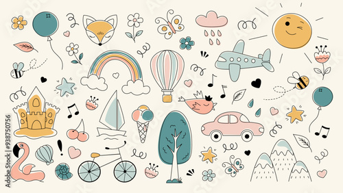 Kids pattern. Children cute background. Happy baby icons. Childish pencil sketch. Cartoon doodle drawing. Fly plane. Car and air balloon. Summer rainbow. Tree and flower. Vector kindergarten wallpaper