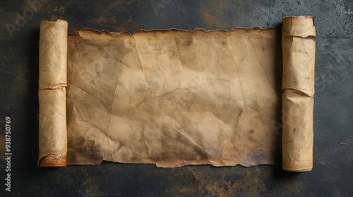 Antique parchment scroll on a dark rustic background, rolled at both ends with space for text. Ideal for historical documents, vintage manuscripts, or ancient scripts imagery