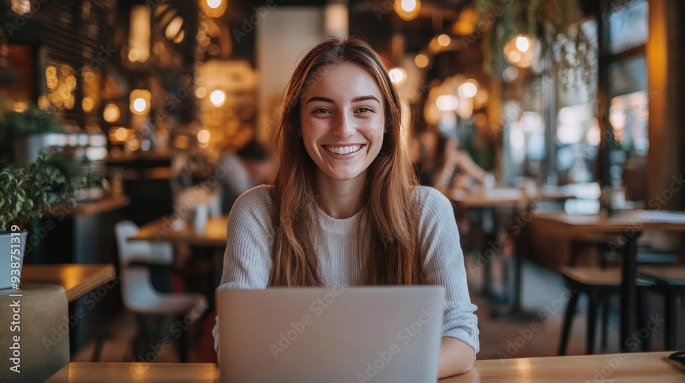 Smiling woman sits at table with laptop in coffee shop Smiling woman sits at table with laptop in coffee shop