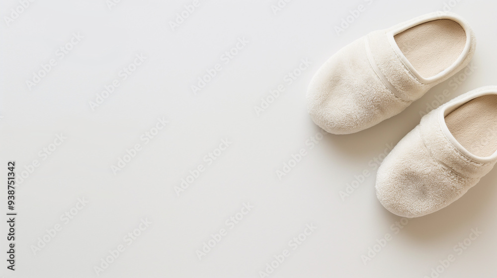 Soft and fluffy white slippers on a monochrome light background, conveying the essence of a cozy home and warmth, are ideal for a minimalistic home winter decor. Soft and fluffy white slippers on a monochrome light background, conveying the essence of a cozy home and warmth, are ideal for a minimalistic home winter decor.