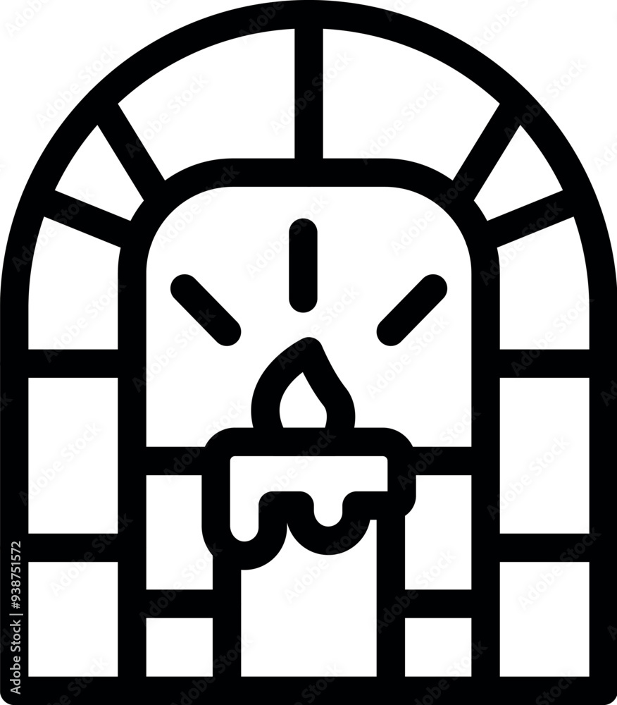 Line art icon of a candle burning in a niche of a brick wall, perfect for topics like coziness or interior design Line art icon of a candle burning in a niche of a brick wall, perfect for topics like coziness or interior design