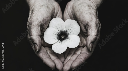 A detailed image of a womans hands with visible veins and age spots gently holding a flower The contrast between the delicate flower and the aged hands highlights the beauty of lifes journey and the s photo