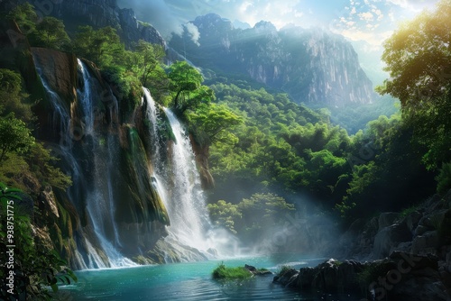 Majestic Waterfall Cascading Through Lush Green Mountains