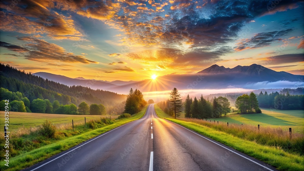 Naklejka premium Mountain road with stunning sunrise in a rural setting, mountain, road, sunrise, rural, landscape, nature, scenery, sky