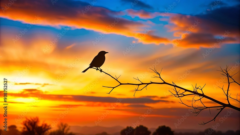 Obraz premium Silhouette of a lone bird perched on a branch against a colorful sunset background, bird, silhouette, sunset, nature, wildlife