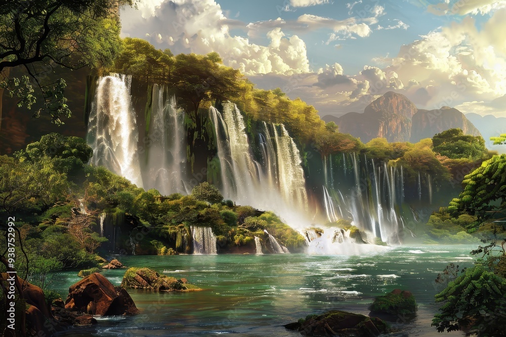 Lush Green Forested Waterfall Cascading into a Tranquil Pool Lush Green Forested Waterfall Cascading into a Tranquil Pool