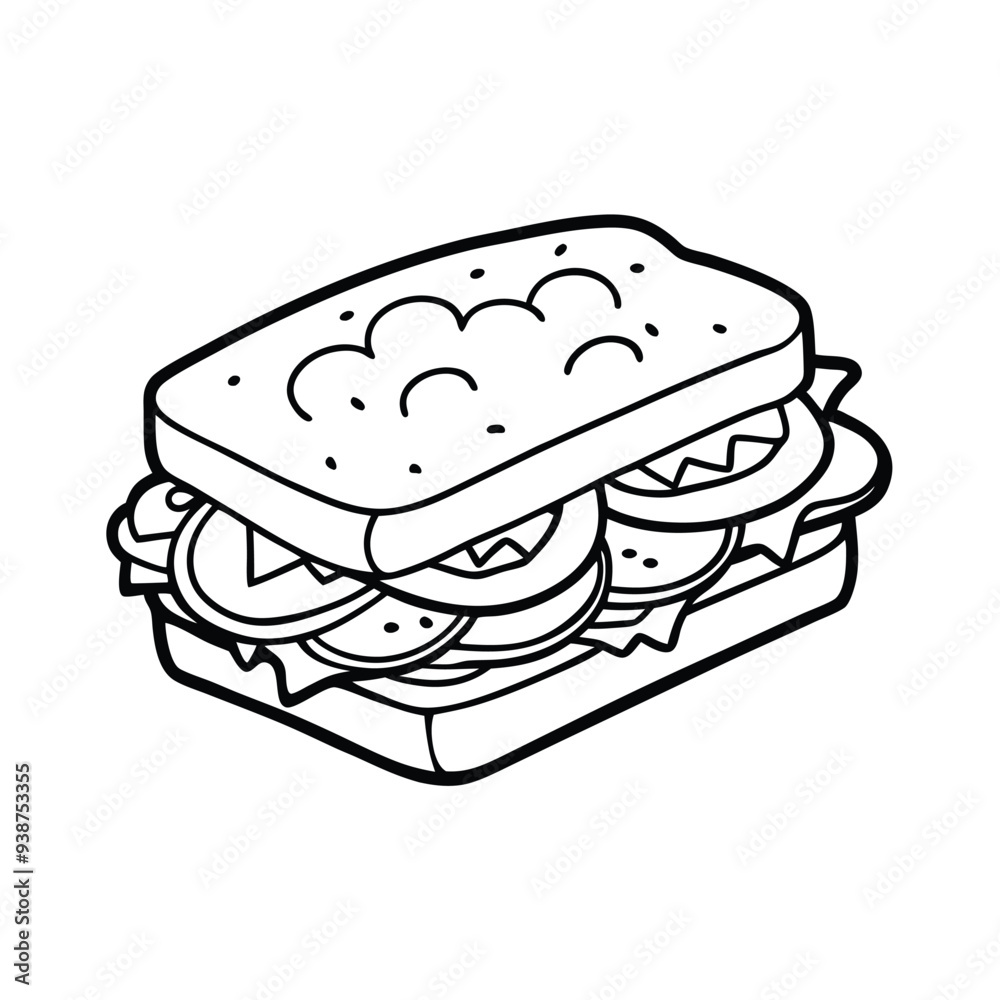 Line art vector of a big club sandwich with ham, cheese, and veggies on a dark background. Line art vector of a big club sandwich with ham, cheese, and veggies on a dark background.
