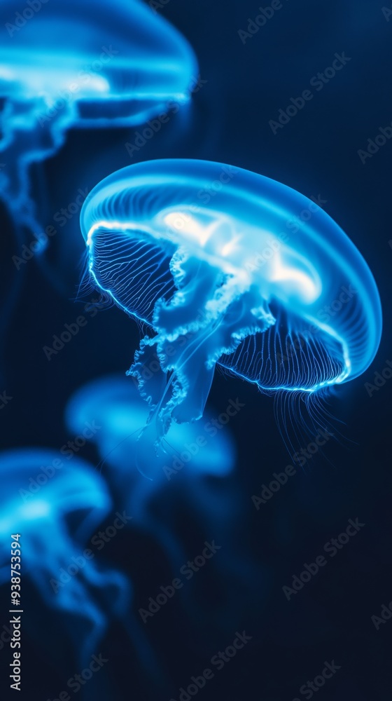 A closeup shot of glowing jellyfish floating gracefully in deep blue water The jellyfish emit a soft pulsating light with their translucent bodies showing intricate details of their internal structure A closeup shot of glowing jellyfish floating gracefully in deep blue water The jellyfish emit a soft pulsating light with their translucent bodies showing intricate details of their internal structure