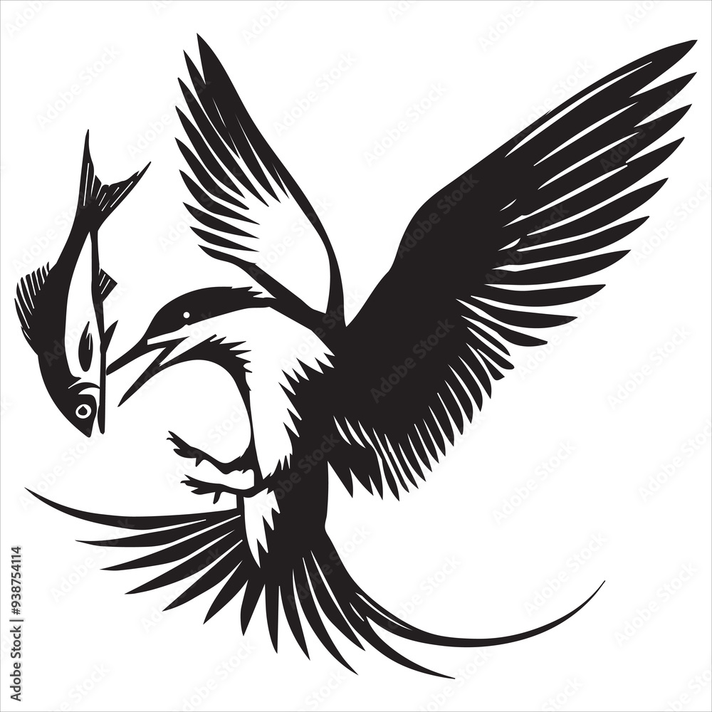 Obraz premium Royal Tern Silhouette, Thalasseus maximus Clipart, Royal Tern fishing mid-air Illustration in black and white