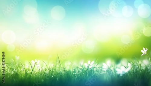 A Beautiful Spring Landscape with Lush Green Grass and Blossoming Flowers