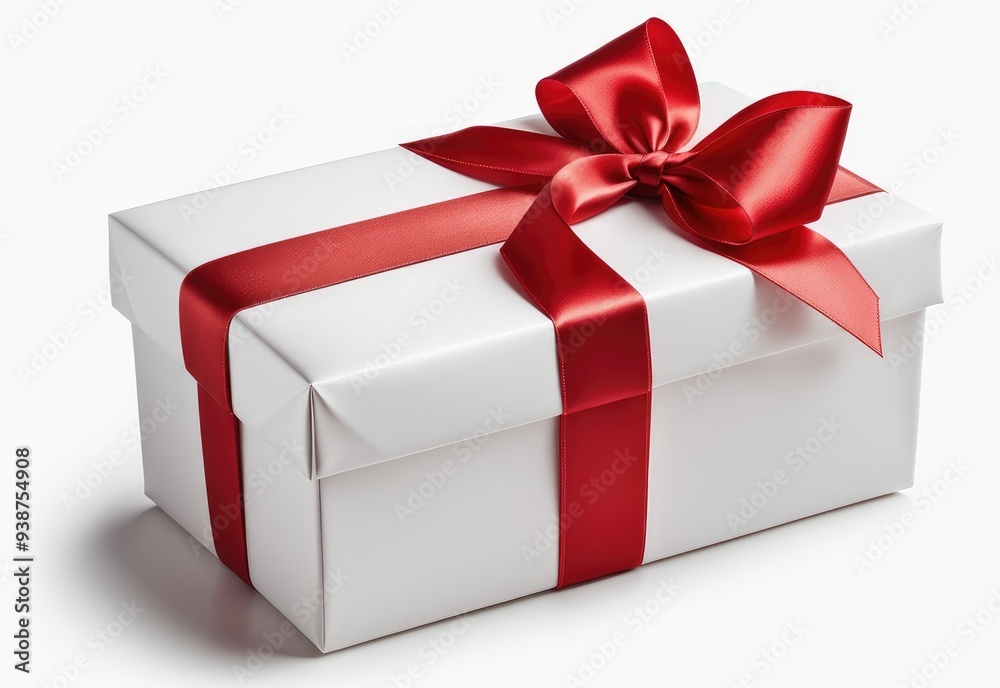 Gift box tied with red ribbon isolated on white background. image seen in the center and top Gift box tied with red ribbon isolated on white background. image seen in the center and top