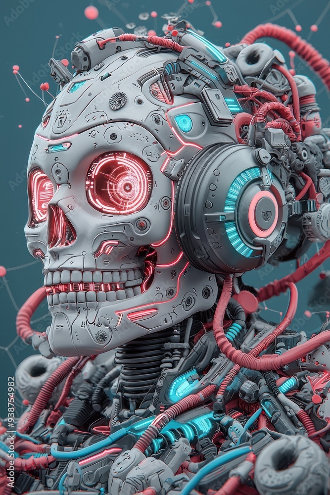 Obraz premium Neon Cyberpunk Fusion: Day of the Dead Sugar Skull Artwork,Generative Ai