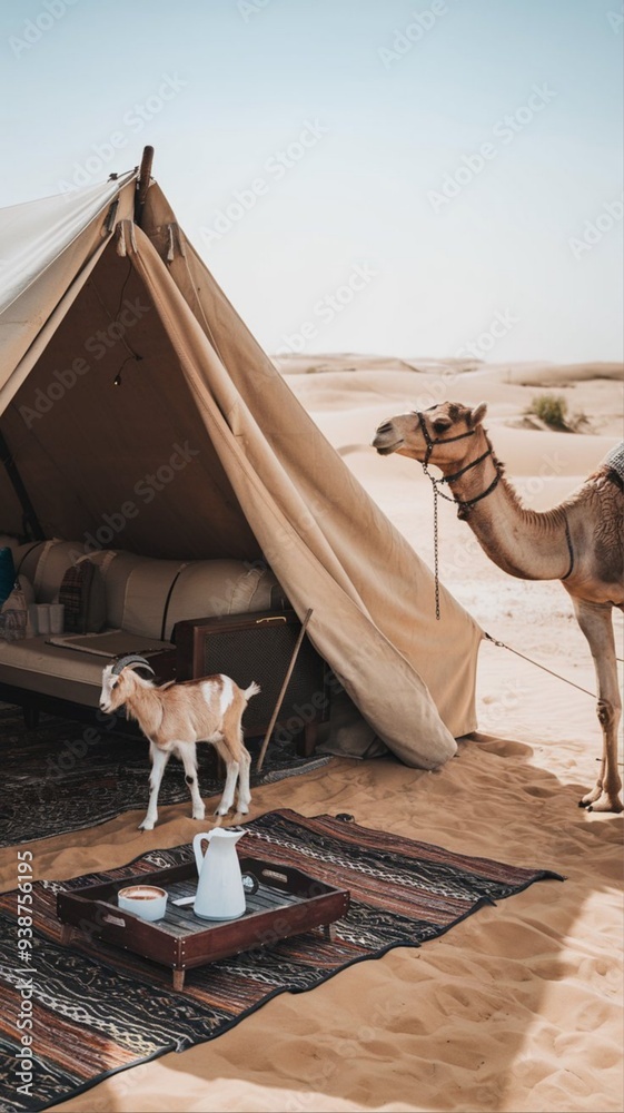 An Arab tent in the desert, in the middle of which is an Arab seat and ...