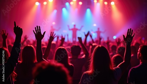 A vibrant concert scene with a diverse crowd of people raising their hands, illuminated by colorful stage lights, creating an energetic atmosphere.