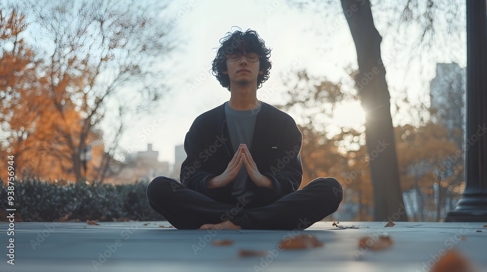 Fototapeta premium A serene young man with curly hair sits cross-legged in a park during autumn, practicing meditation as the sunlight filters through the trees, creating a peaceful atmosphere. 