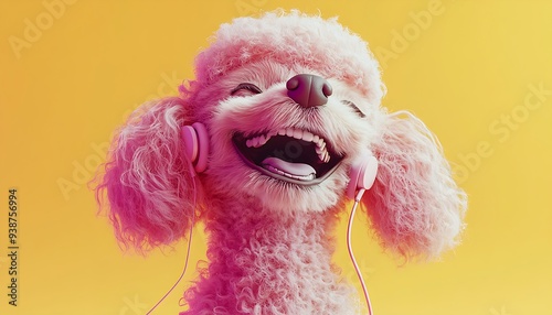 A pink poodle dog wearing headphones smiles and looks up against a yellow background.