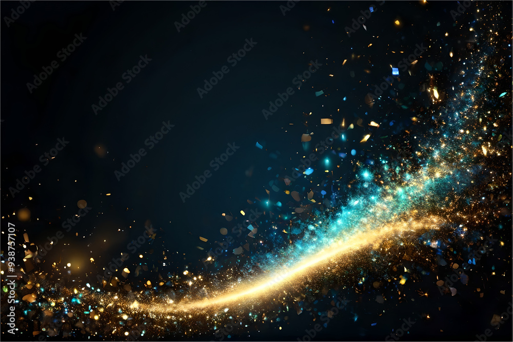 Obraz premium Background of an abstract digital data flow in blue and gold particles with dark background