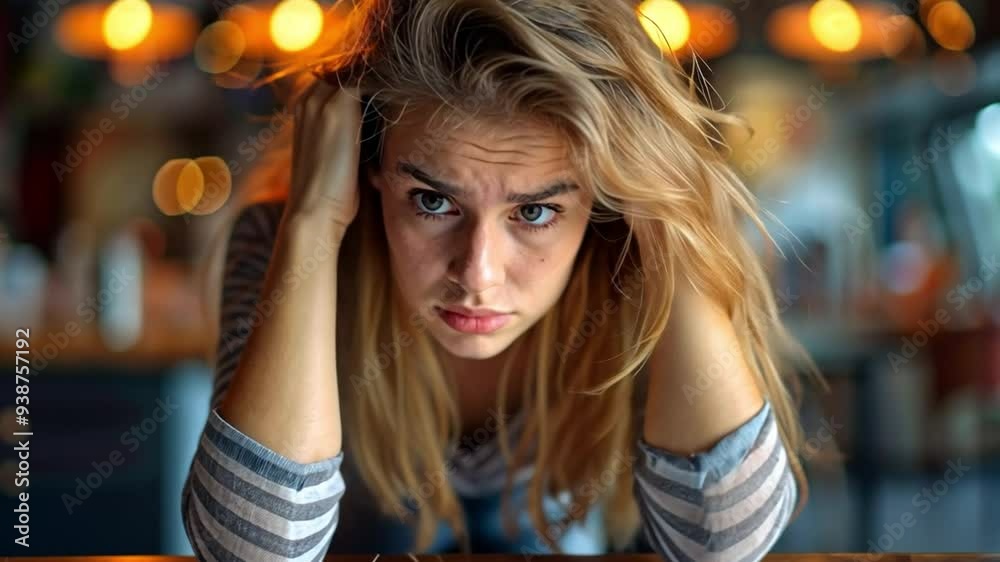 A dejected woman clutches her head while sitting at her workplace desk, gazing at charts with business indicators.