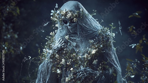 Skull with a dress of intertwining vines and flowers against a twilight background photo