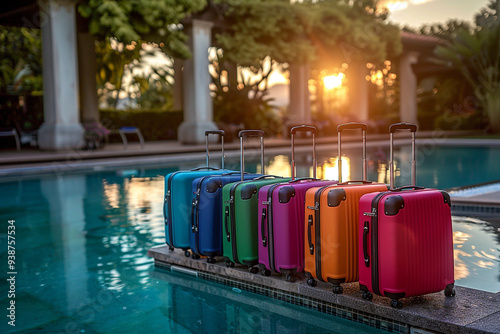 In warm glow of a summer sunset, a wide-angle view captures vibrant scene of colorful luggage suitcases lined up beside a sparkling resort swimming pool, evoking a sense of anticipation and excitemen photo