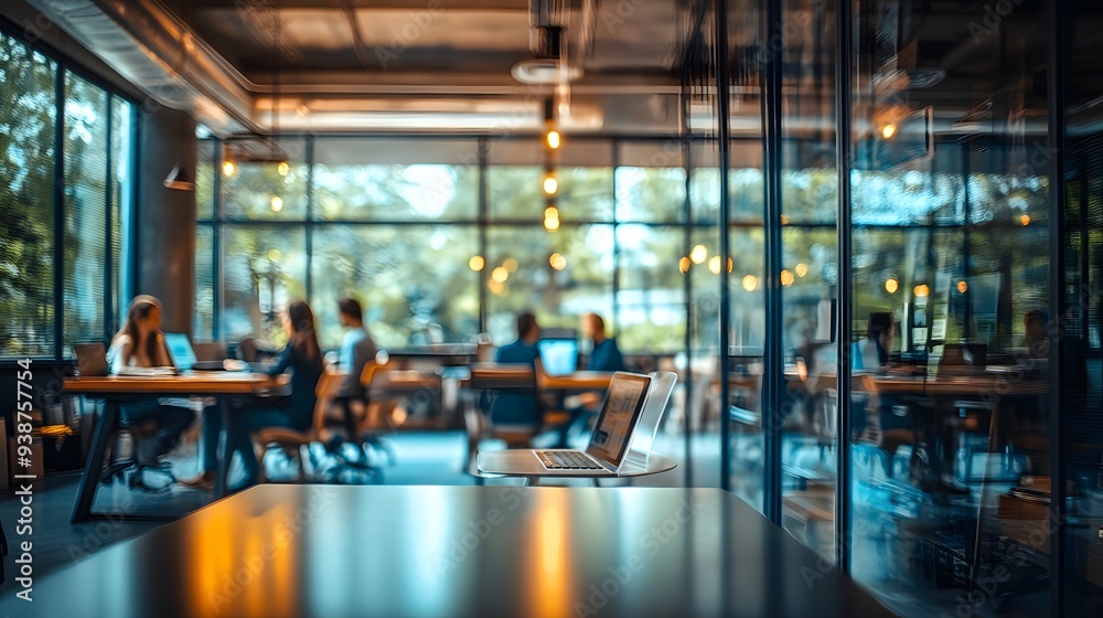 Fototapeta premium A modern workspace featuring a blurred view of professionals engaged in collaborative work, with ample natural light streaming through large windows, creating an inspiring environment for productivity