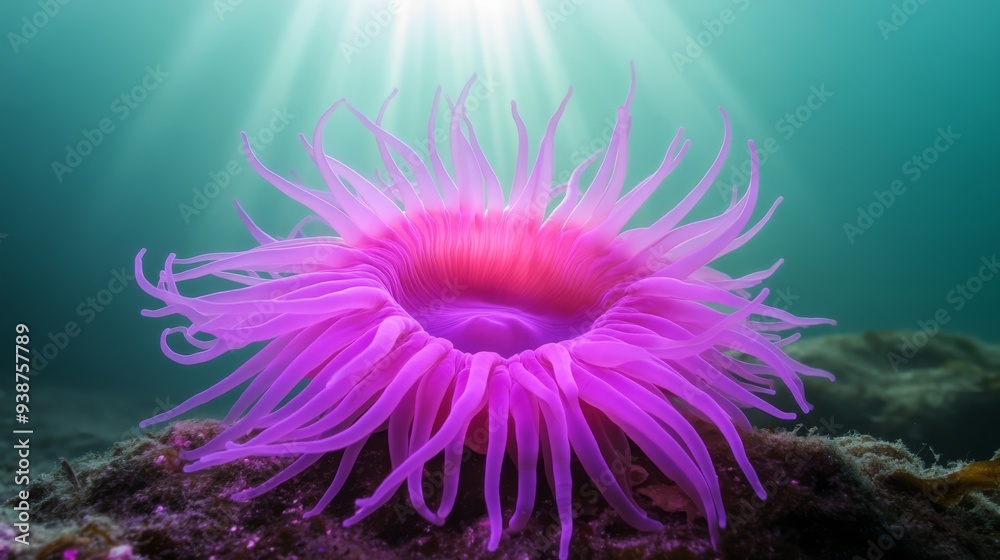 A captivating shot of a glowing sea anemone with tentacles that emit a soft radiant light in shades of purple and pink The anemone is anchored to a rock in shallow water with small bubbles rising arou A captivating shot of a glowing sea anemone with tentacles that emit a soft radiant light in shades of purple and pink The anemone is anchored to a rock in shallow water with small bubbles rising arou