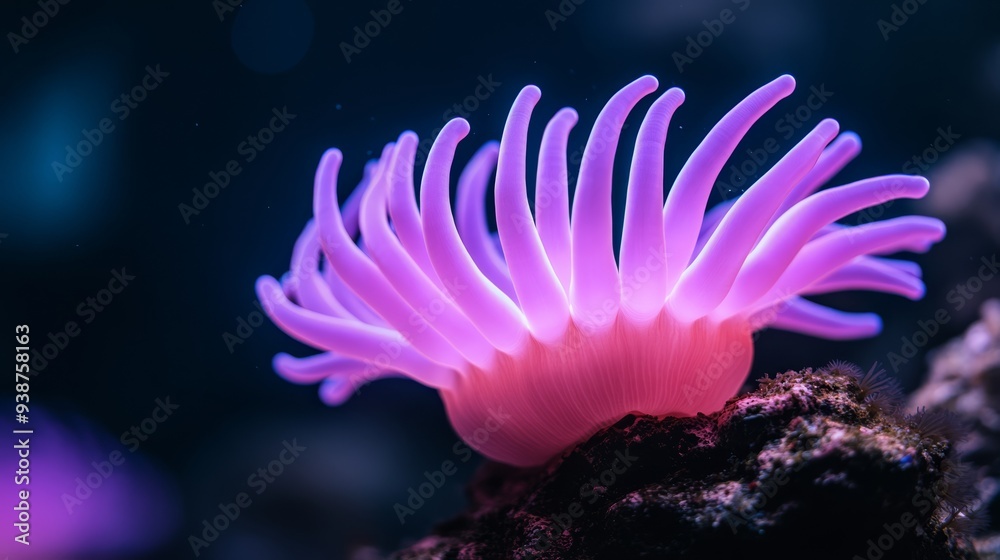 A captivating shot of a glowing sea anemone with tentacles that emit a soft radiant light in shades of purple and pink The anemone is anchored to a rock in shallow water with small bubbles rising arou A captivating shot of a glowing sea anemone with tentacles that emit a soft radiant light in shades of purple and pink The anemone is anchored to a rock in shallow water with small bubbles rising arou