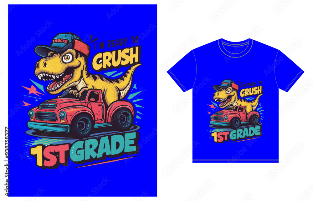 a t-shirt with an image of a dinosaur driving a truck