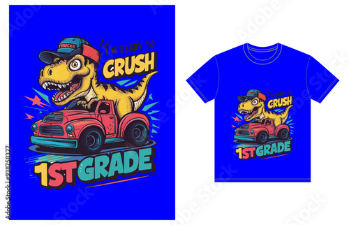 a t-shirt with an image of a dinosaur driving a truck