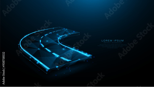 3D Winding asphalt road. Glowing low poly, wireframe, linear, line, and mesh. illustration vector