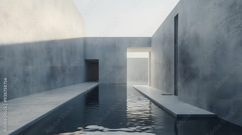 Obraz premium A serene architectural scene featuring minimalist concrete structures and a reflective water pool, evoking tranquility and modernism. 