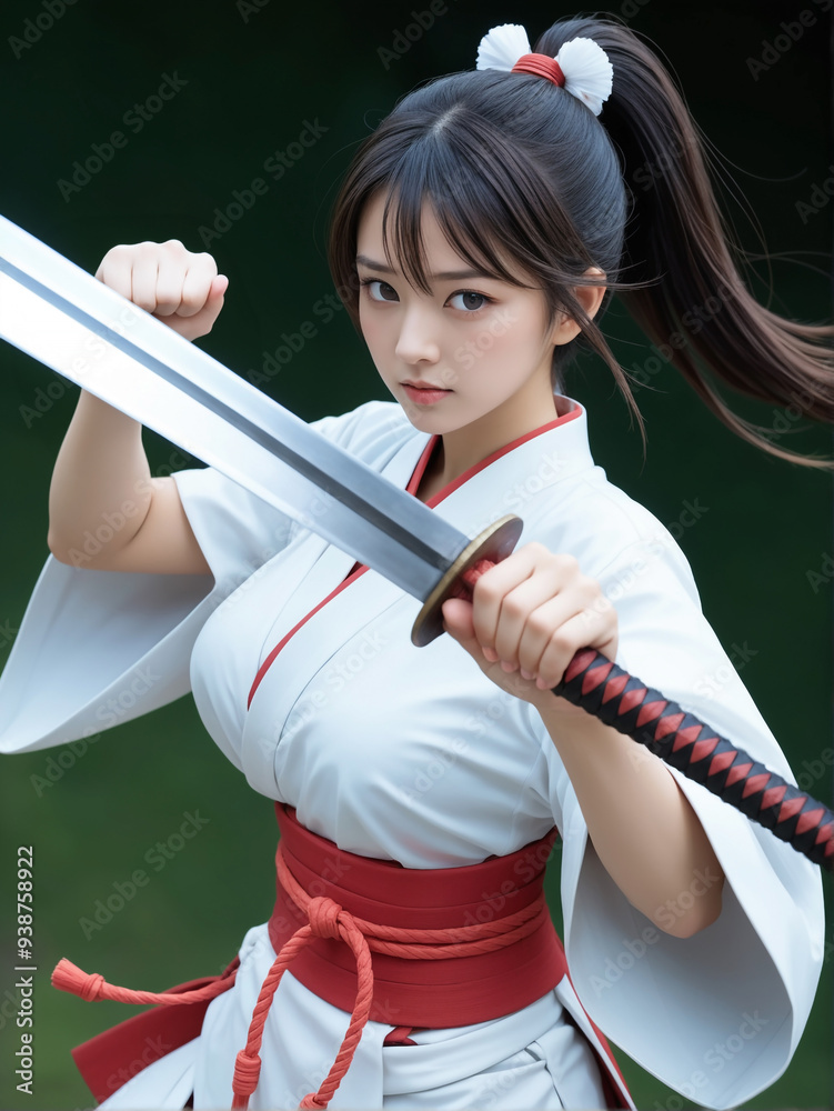 白い武道着と赤い帯を身に着けたポニーテールの女性剣士、鋭い目つきで刀を構えたポーズが凛々しく、伝統的な武道の雰囲気が漂うシーン。 Stock ...