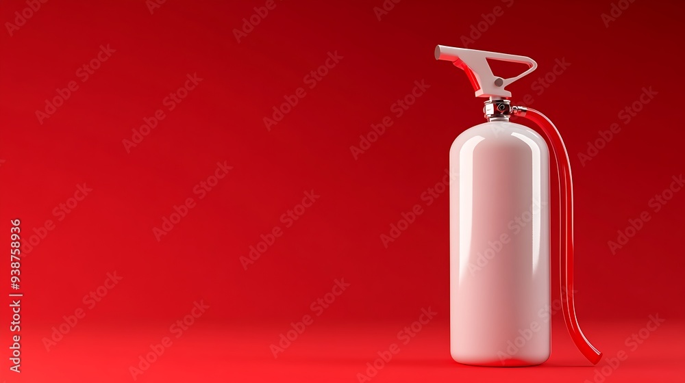 Obraz premium White fire extinguisher with red hose on red background.