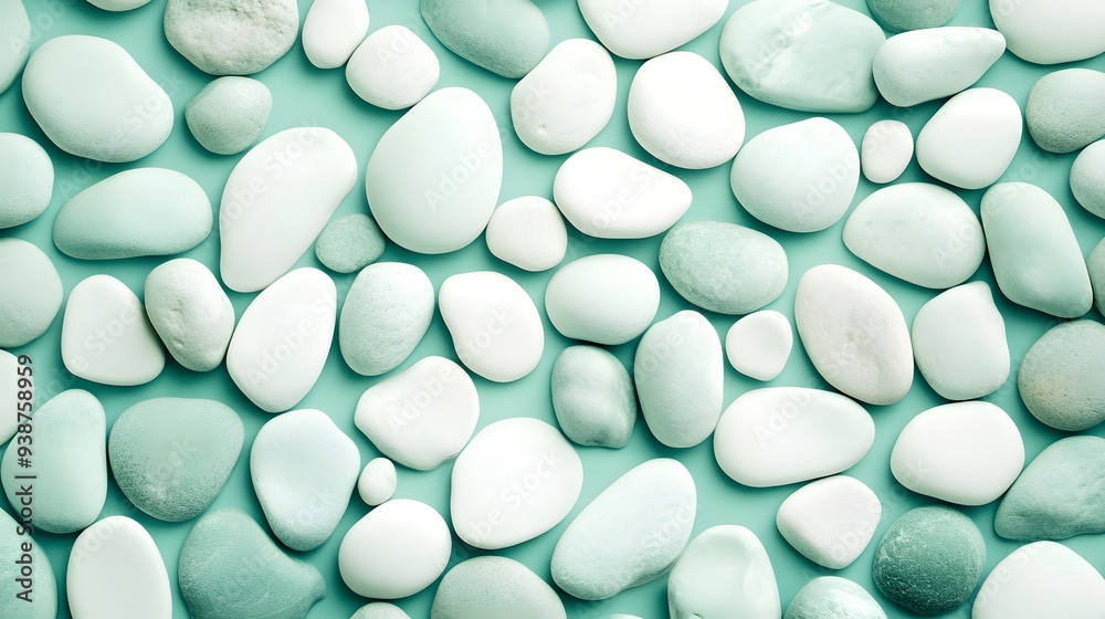 A flat lay composition of smooth, varying shades of white and mint-colored pebbles arranged neatly on a mint green background A flat lay composition of smooth, varying shades of white and mint-colored pebbles arranged neatly on a mint green background