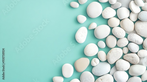 A serene arrangement of smooth white stones on a soft mint background creates a calming aesthetic. 