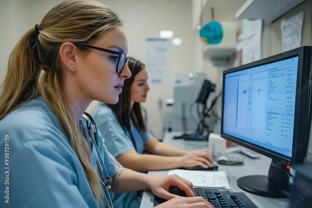 Nurse collaborating with colleague on a computer in a medical clinic environment Nurse collaborating with colleague on a computer in a medical clinic environment