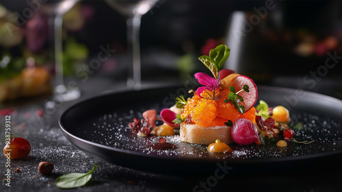 Artisanal Gourmet Dish with Elegant Presentation in a Fine Dining Setting, food, salad, vegetable, fresh, restaurant, delicious, dish, dinner, healthy