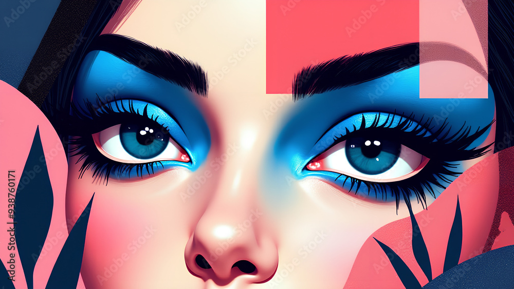 Abstract collage featuring a close-up of eyes with vibrant blue and pink makeup Abstract collage featuring a close-up of eyes with vibrant blue and pink makeup