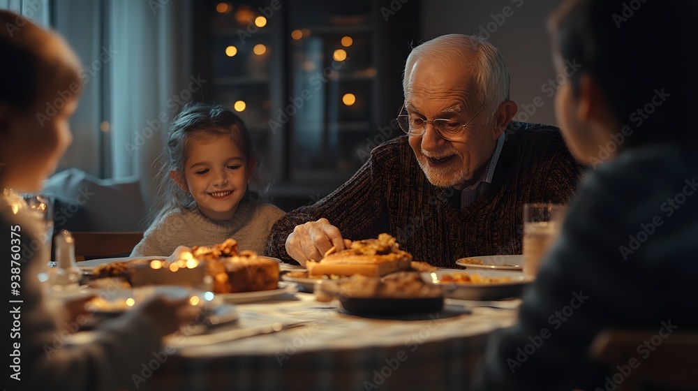 A joyful grandfather shares a warm family dinner with his grandchildren in a cozy setting, highlighting the essence of togetherness and bonding during mealtime. A joyful grandfather shares a warm family dinner with his grandchildren in a cozy setting, highlighting the essence of togetherness and bonding during mealtime.