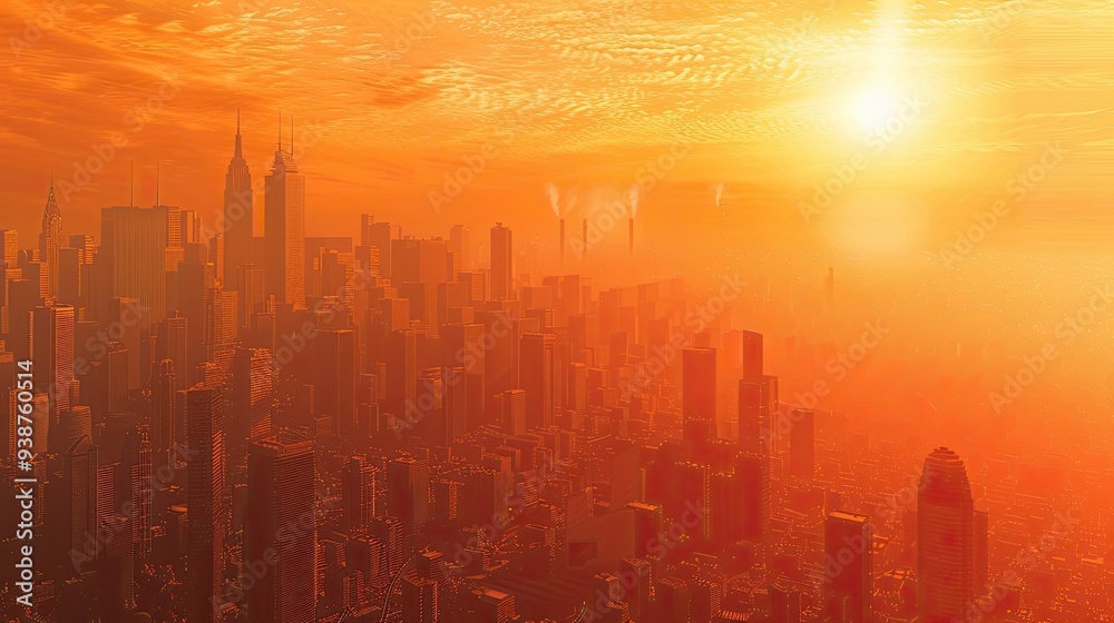 Fototapeta premium Urban areas experiencing heat waves and urban heat islands due to global warming, highlighting health risks and adaptation measures.