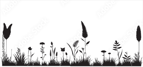 Silhouette glade with flowers, plants, grass, vector