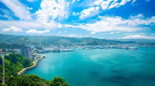 Wellington city, buildings and harbour seen on a beautiful summer's day as viewed from Mount Victoria. Wellington is the capital of New Zealand. photo