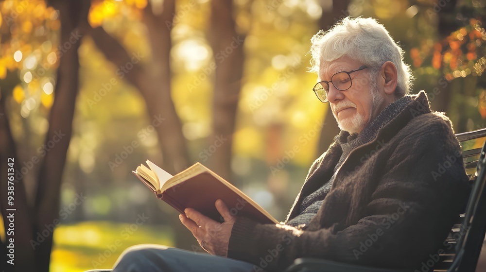 A thoughtful elderly man enjoys reading a book outdoors in a serene park setting during autumn. A thoughtful elderly man enjoys reading a book outdoors in a serene park setting during autumn.