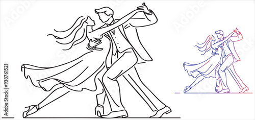 a couple dancing in a dynamic pose, The line art illustration