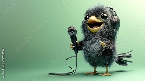 A cute cartoon bird wearing headphones, holding a microphone and singing.