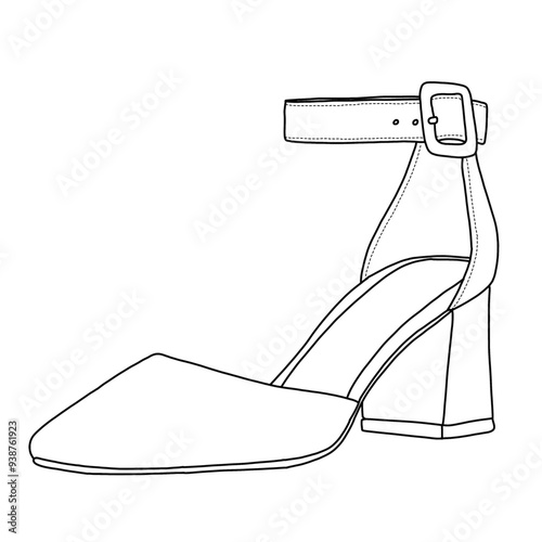 Women's Pointed Toe High Heels Closed Toe Ankle Strap Pump Shoes Line art, Technical sketch hand drawing outline vector doodle illustration isometric view isolated on white background