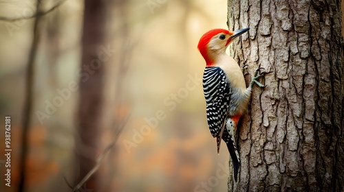 Red-bellied Woodpecker (Melanerpes carolinus) clinging to the side of a tree in a deciduous forest, its red head contrasting with the gray bark.. A vibrant red-headed woodpecker perches on a textured 