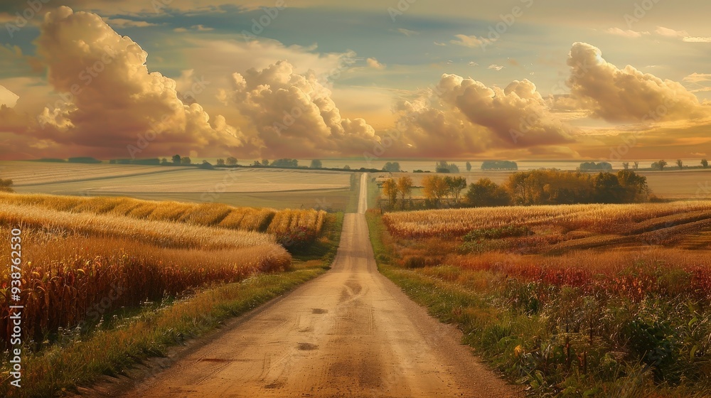 a scene of an isolated road surrounded by a vast, flat expanse of farmland with ripe crops ready for harvest. a scene of an isolated road surrounded by a vast, flat expanse of farmland with ripe crops ready for harvest.