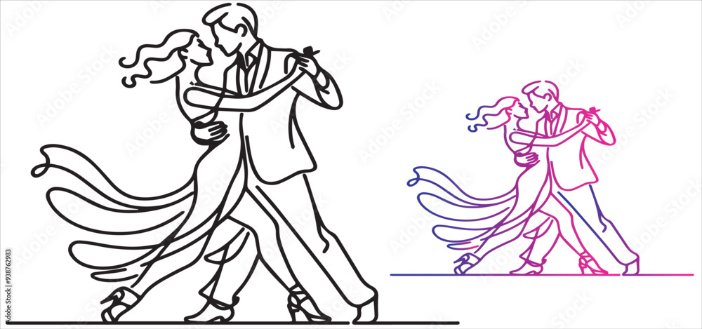 Continuous line drawing of dancing couple. Art sketched beautiful young bride and groom in dance vector Continuous line drawing of dancing couple. Art sketched beautiful young bride and groom in dance vector